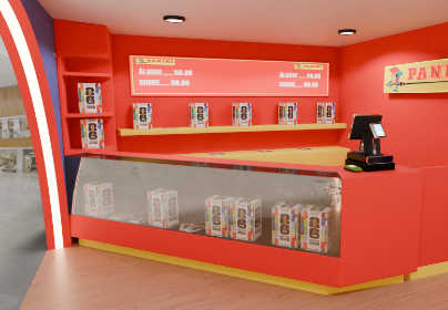 Módulo Pop Up Store Pop Up Store de Panini con venta de álbumes, sobres y merch dentro de la activación